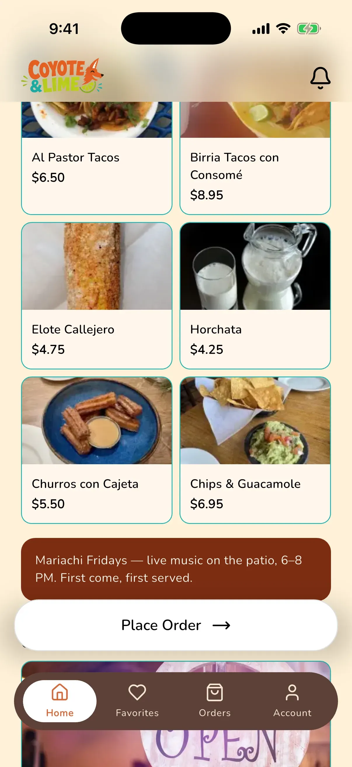 The “Fan favorites” grid on a designed home screen: Al Pastor Tacos, Elote Callejero, Horchata, and Churros con Cajeta with photos and prices, above a mariachi-Fridays announcement