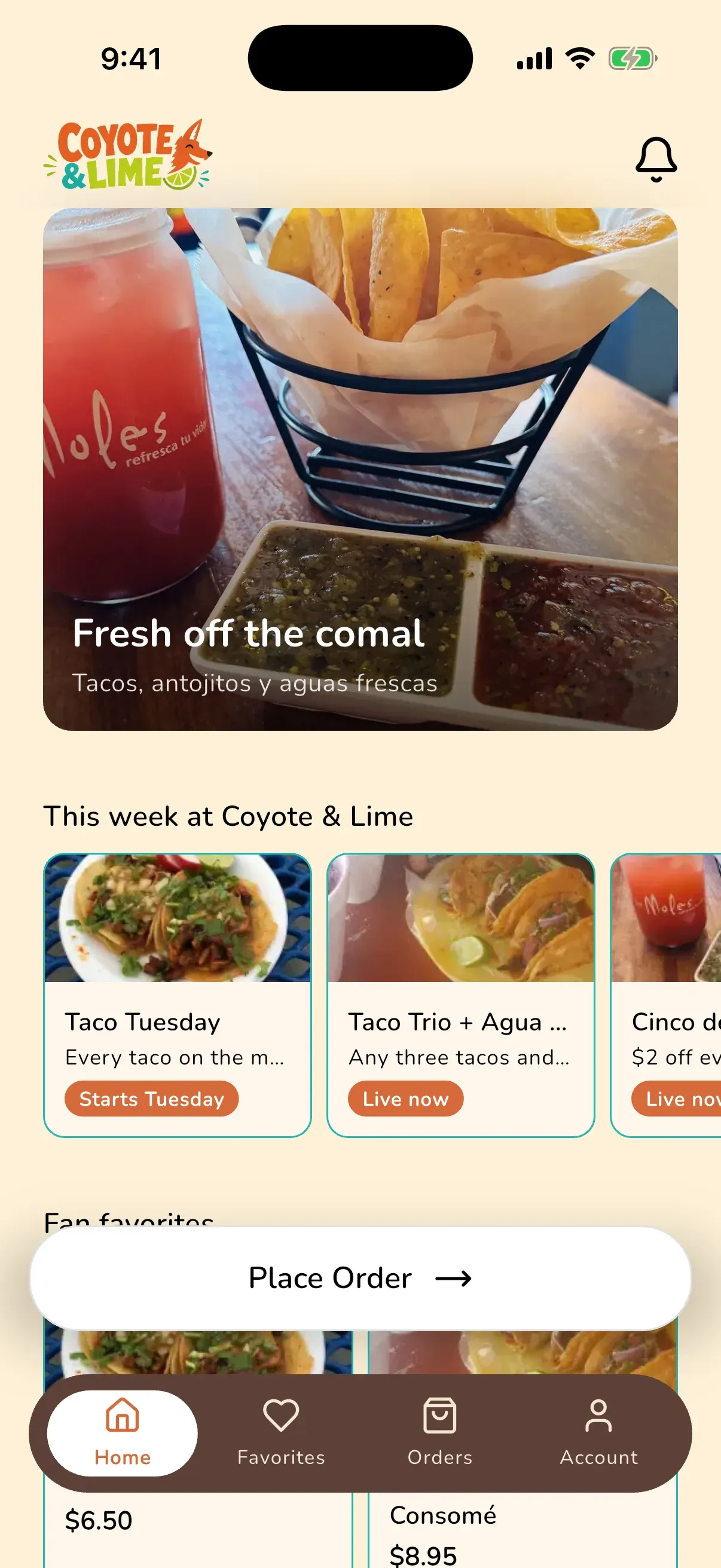 A taqueria’s designed app home screen: a hero photo captioned “Fresh off the comal, tacos, antojitos y aguas frescas”, then a “This week at Coyote & Lime” rail with Taco Tuesday and combo cards