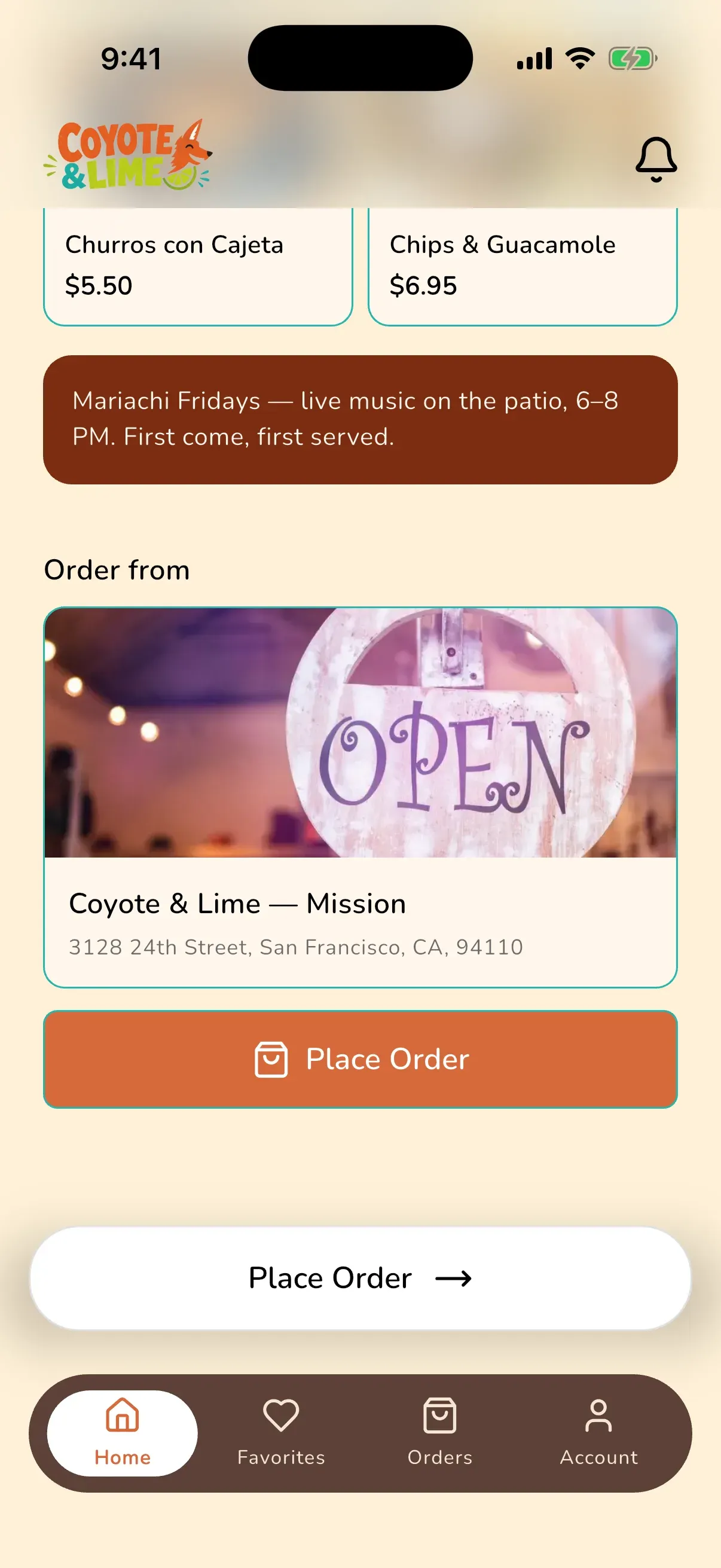 The same home screen further down: the announcement in the shop’s colors and the “Order from” location card with a Place Order button