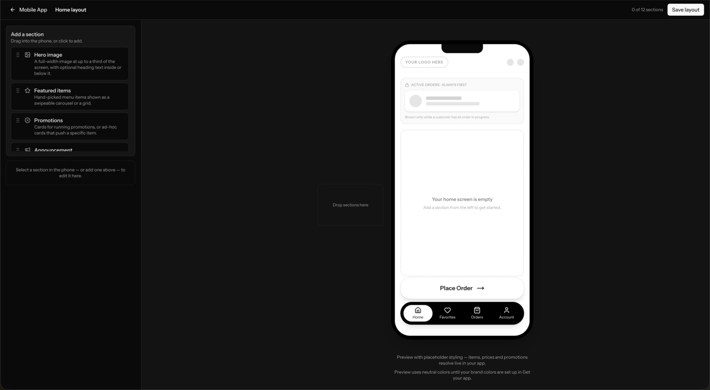 A sped-up screen recording of the home screen designer: starting from an empty phone, a hero image section is added with a photo and the headline “Fresh off the comal”, then a promotions rail with Taco Tuesday and combo cards, then a featured-items grid, and the layout is saved