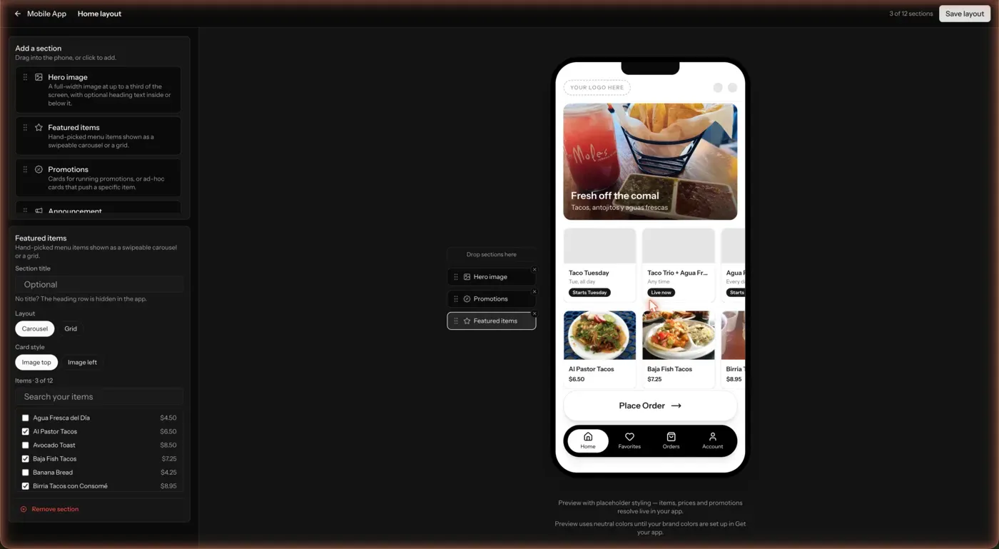 The finished layout in the designer: the phone preview shows the hero, the promotions rail with Taco Tuesday marked “Starts Tuesday”, and featured items with live photos and prices