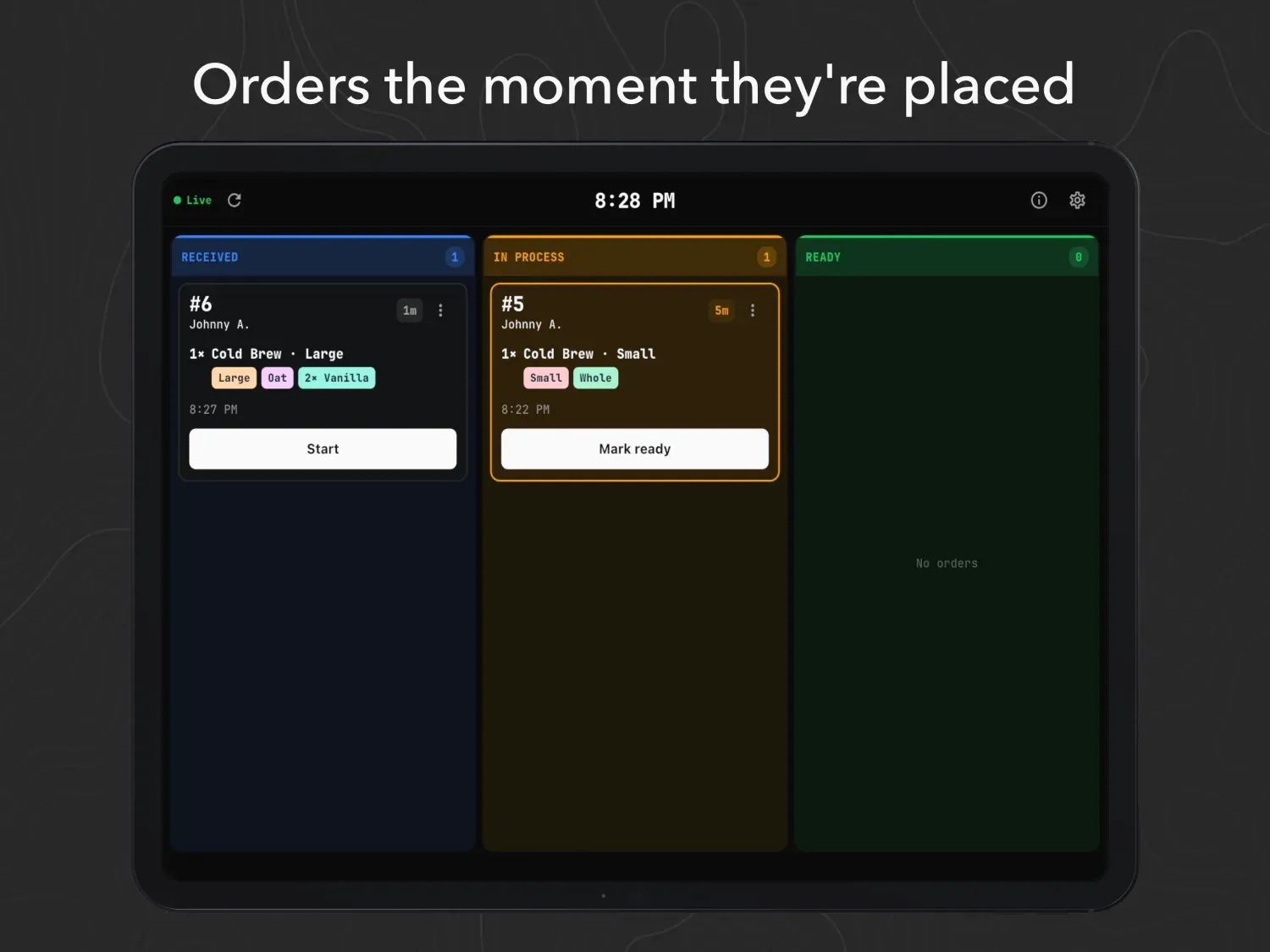 The Ordare kitchen display order board