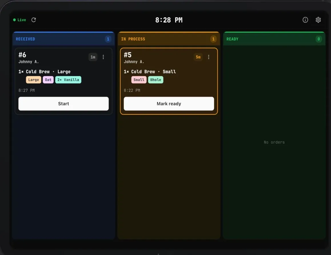 Ordare KDS live order board showing Received, In Process, and Ready columns