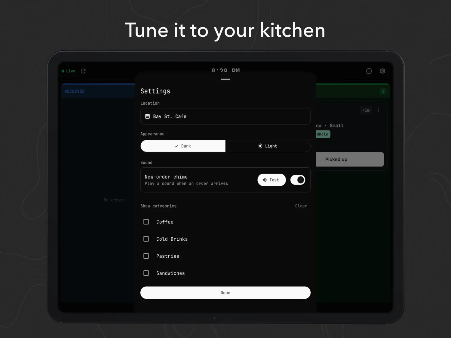Ordare KDS settings for location, appearance, order chime, and category filters