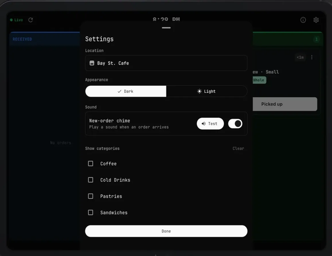 The Ordare KDS settings – location, dark or light appearance, the new-order chime, and which categories the screen shows