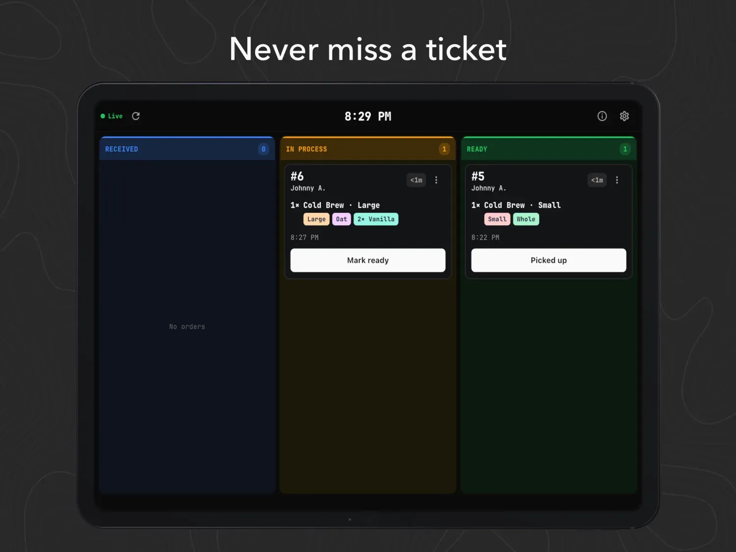 Ordare KDS ticket moving across the board so nothing gets missed