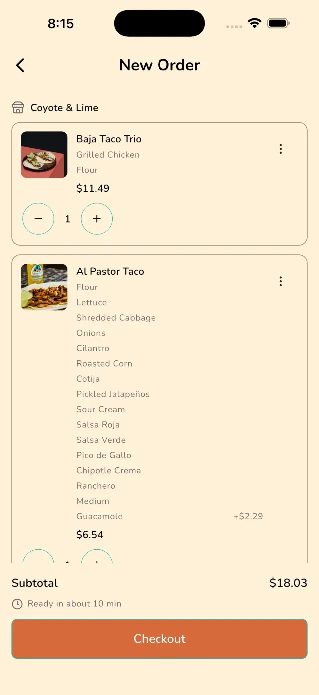 A branded app order screen with items, subtotal, and a checkout button