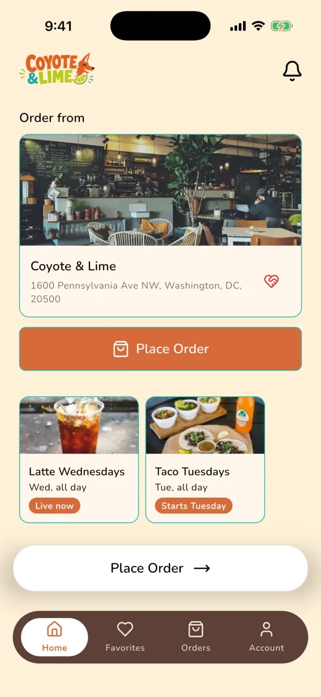 A franchise brand’s custom-branded mobile ordering app built on Ordare, showing the home screen with weekly specials