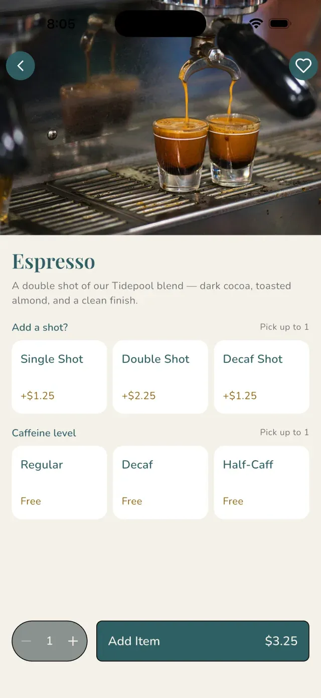 A coffee roaster’s custom-branded app built on Ordare, showing an espresso item with shot and caffeine options