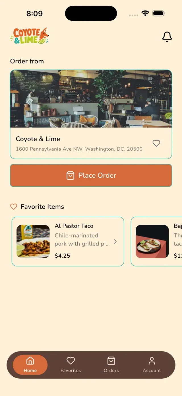 A branded app home screen with favorite items and a place-order button