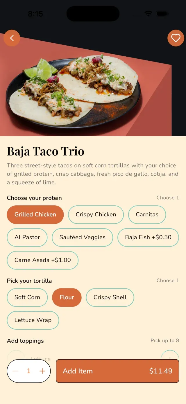 A branded app item screen with protein, tortilla, and topping options