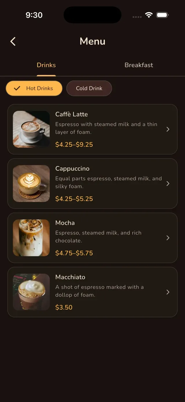 Ordare app menu screen