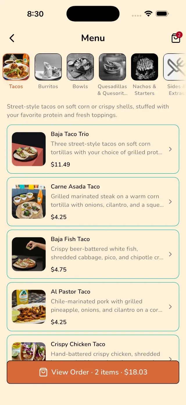 A branded app menu screen with categories, item photos, and a running order total
