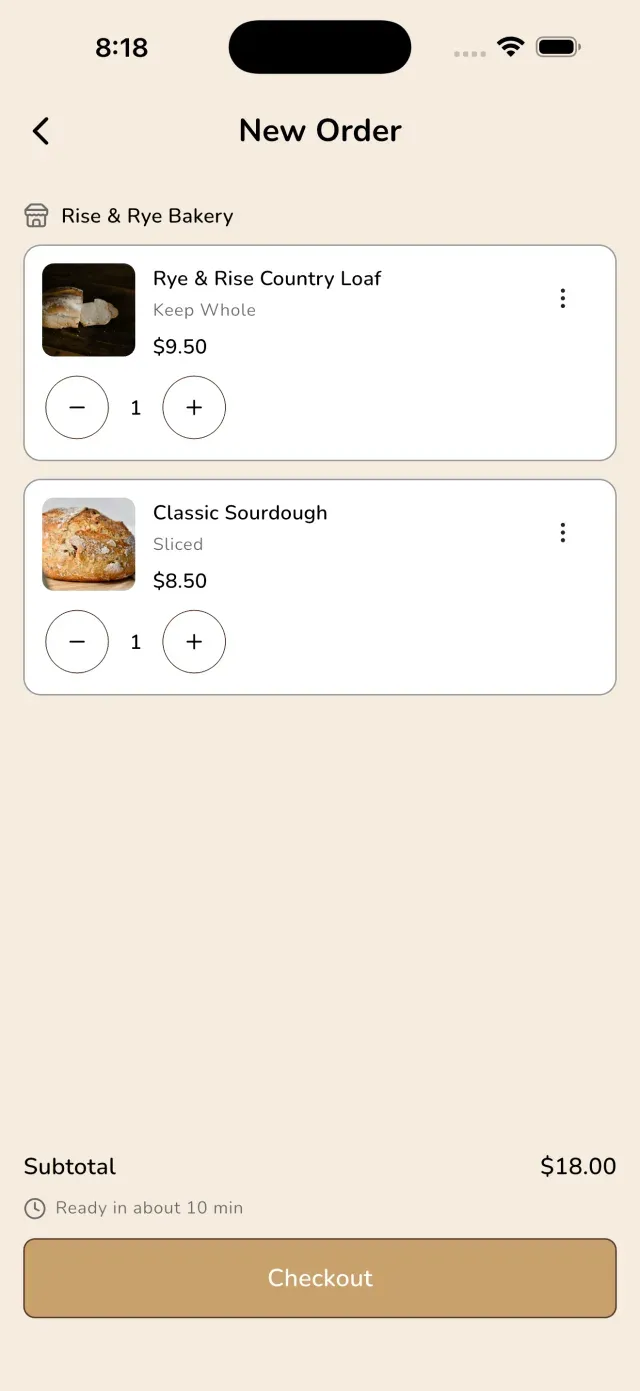 A bakery’s custom-branded app built on Ordare, showing an order of two loaves ready for checkout