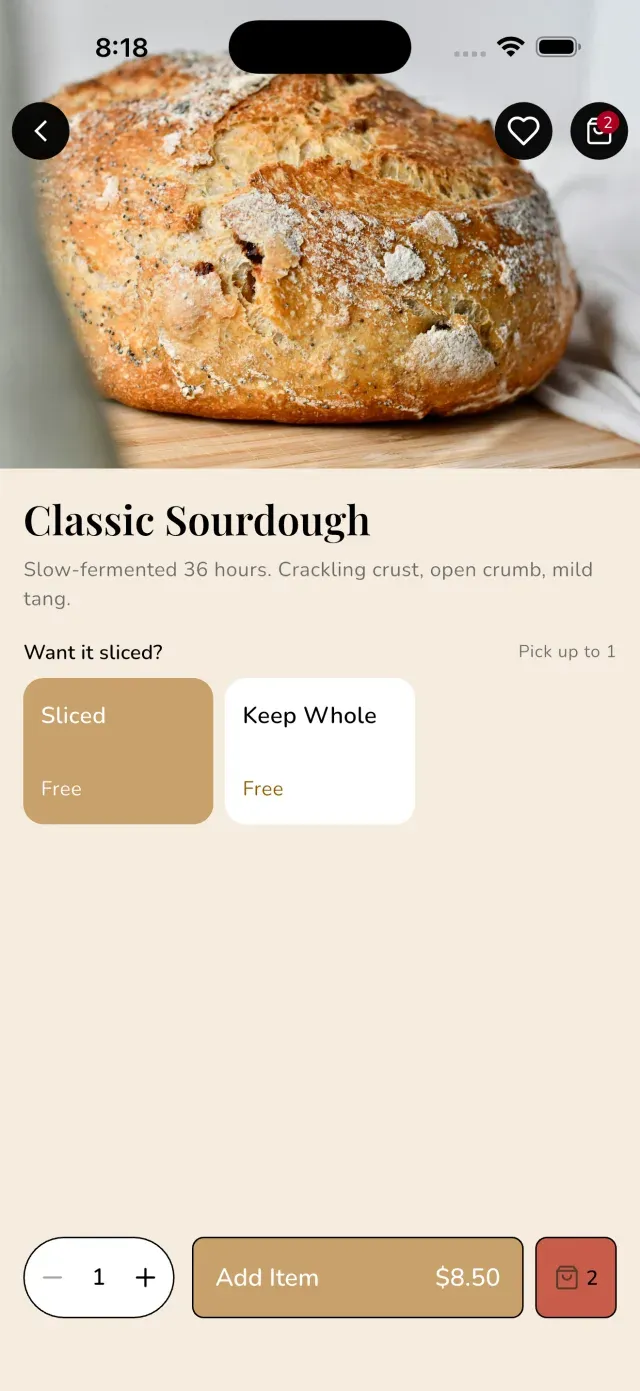 The same bakery app showing a sourdough loaf with slicing options
