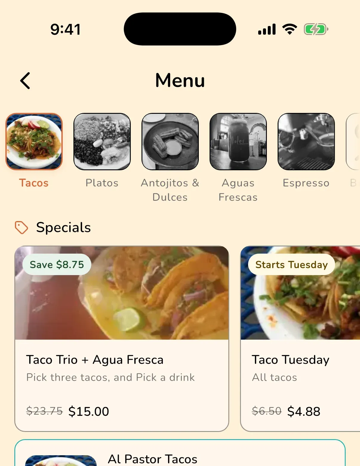 A taqueria’s app menu with a Specials rail: a Taco Trio + Agua Fresca combo card carrying a Save $8.75 badge and $23.75 struck through to $15.00, beside a Taco Tuesday card
