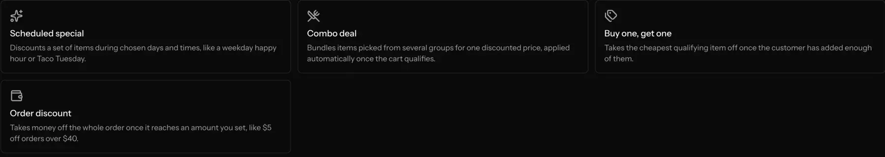 The builder’s kind picker: Scheduled special, Combo deal, Buy one get one, and Order discount cards, each with a one-line description
