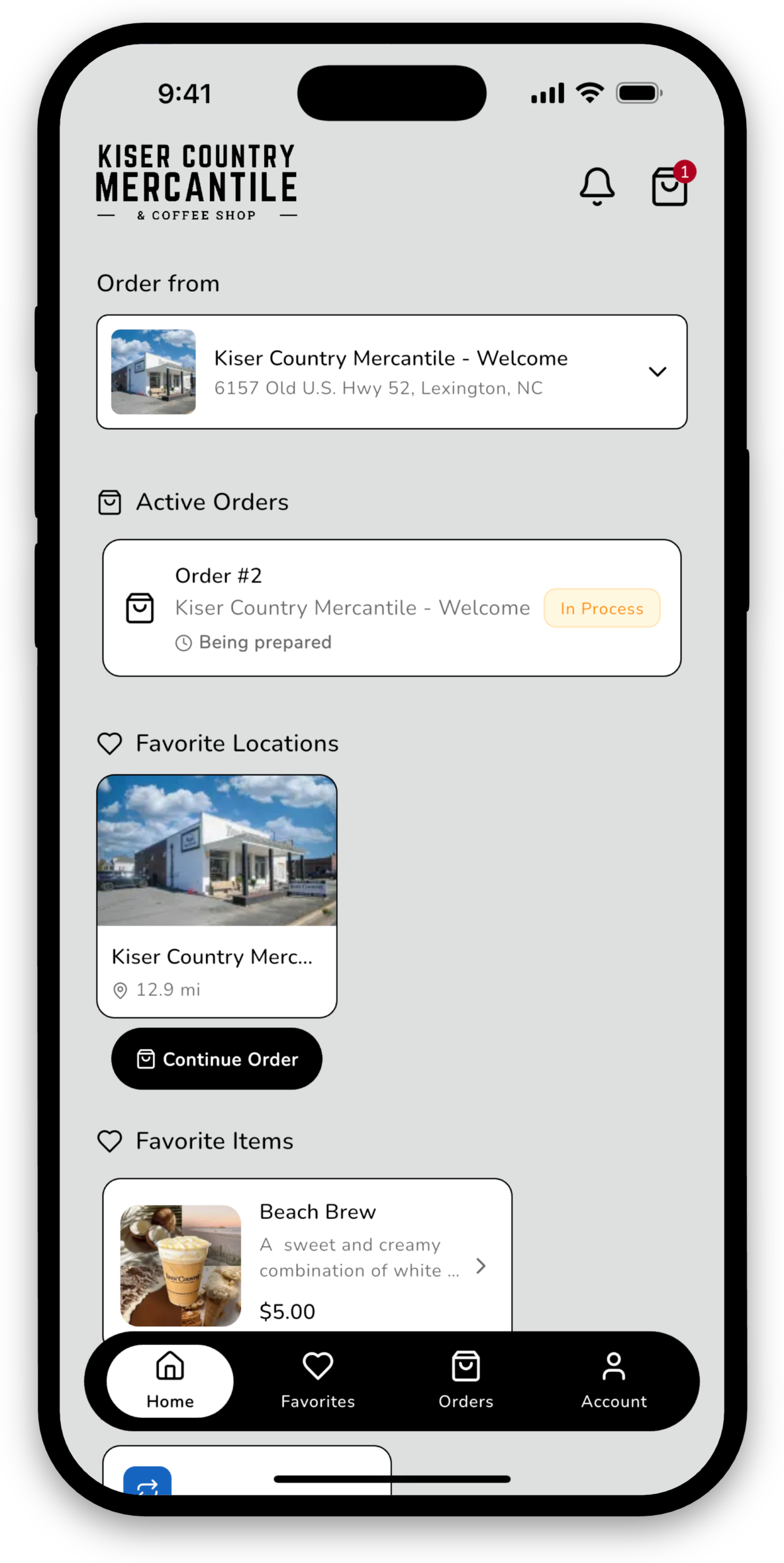 The Kiser Country app showing the home screen with order-ahead, active orders, and favorite items.