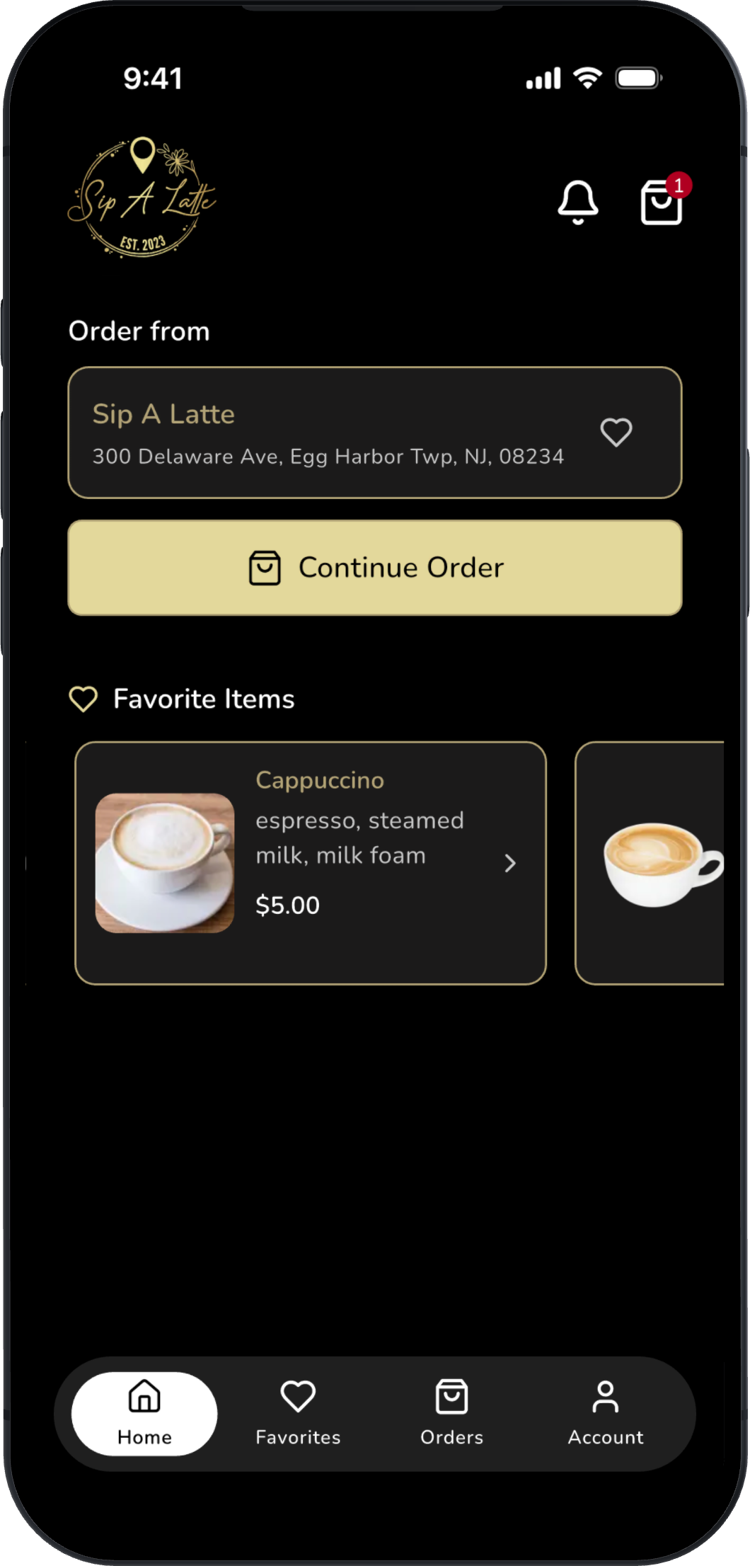 The Sip A Latte app showing the home screen with the store to order from, a continue-order button, and saved favorite drinks.