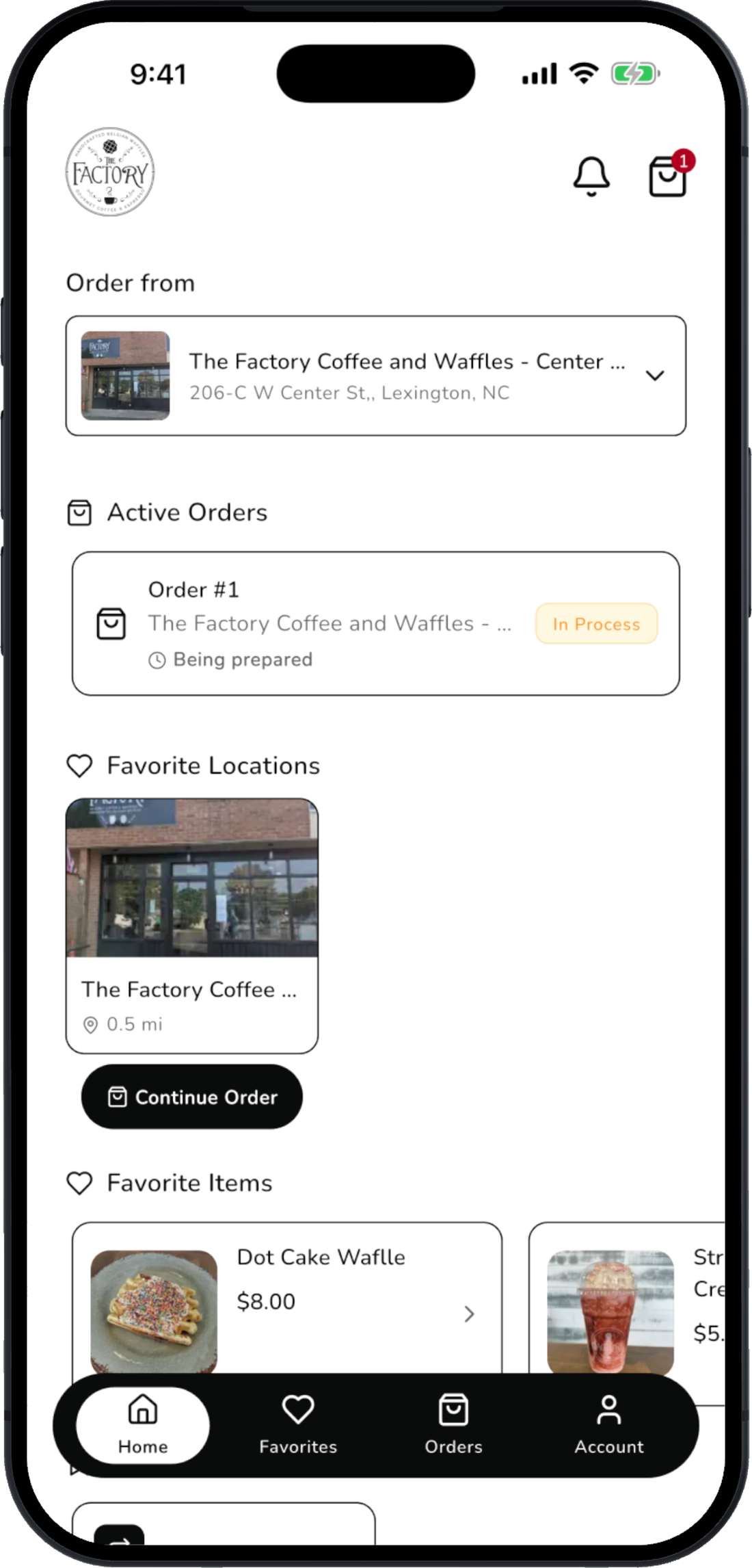 The Factory app showing the home screen with order-ahead, active orders, and favorite items.